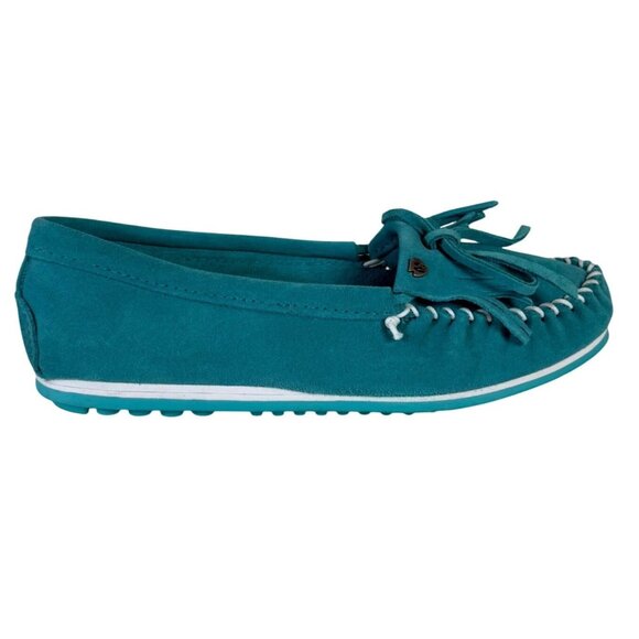 Minnetonka Turquoise Suede Moccasins Kitty Plus Womens Size 10 Fringe Whipstitch - Picture 1 of 16